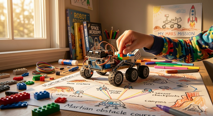 Robotics kit for kids age 9-10; partially built wheeled robot on a desk with Lego pieces and a hand-drawn obstacle course